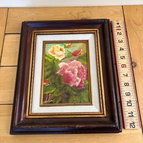 Pink & Yellow Rose Flowers Original Framed Oil Painting Vintage F. Gascoyne - Picture 5 of 6